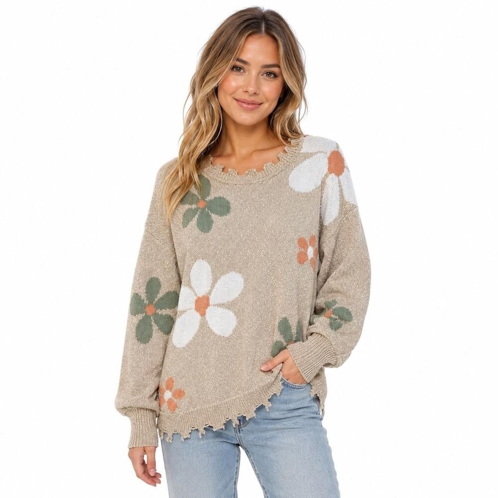 Storia Sweater Womens Medium Beige Floral Crew Neck Balloon Sleeve Knit Pullover